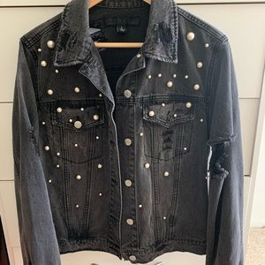 Faded black distressed denim Jacket with embellishments size L